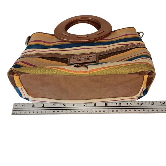 Striped Canvas Clutch Purse Wooden Handles Tan Blue Brown Summer Relic Brand - Picture 11 of 14